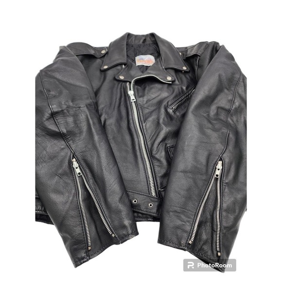 Excelled Promo Crate Embossed Leather Motorcycle Biker Jacket Sz 48 USA VTG 80s - Picture 15 of 16